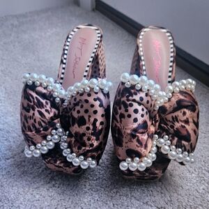Betsey Johnson Maccie Big Bow Pearl Embellished Leopard Mules